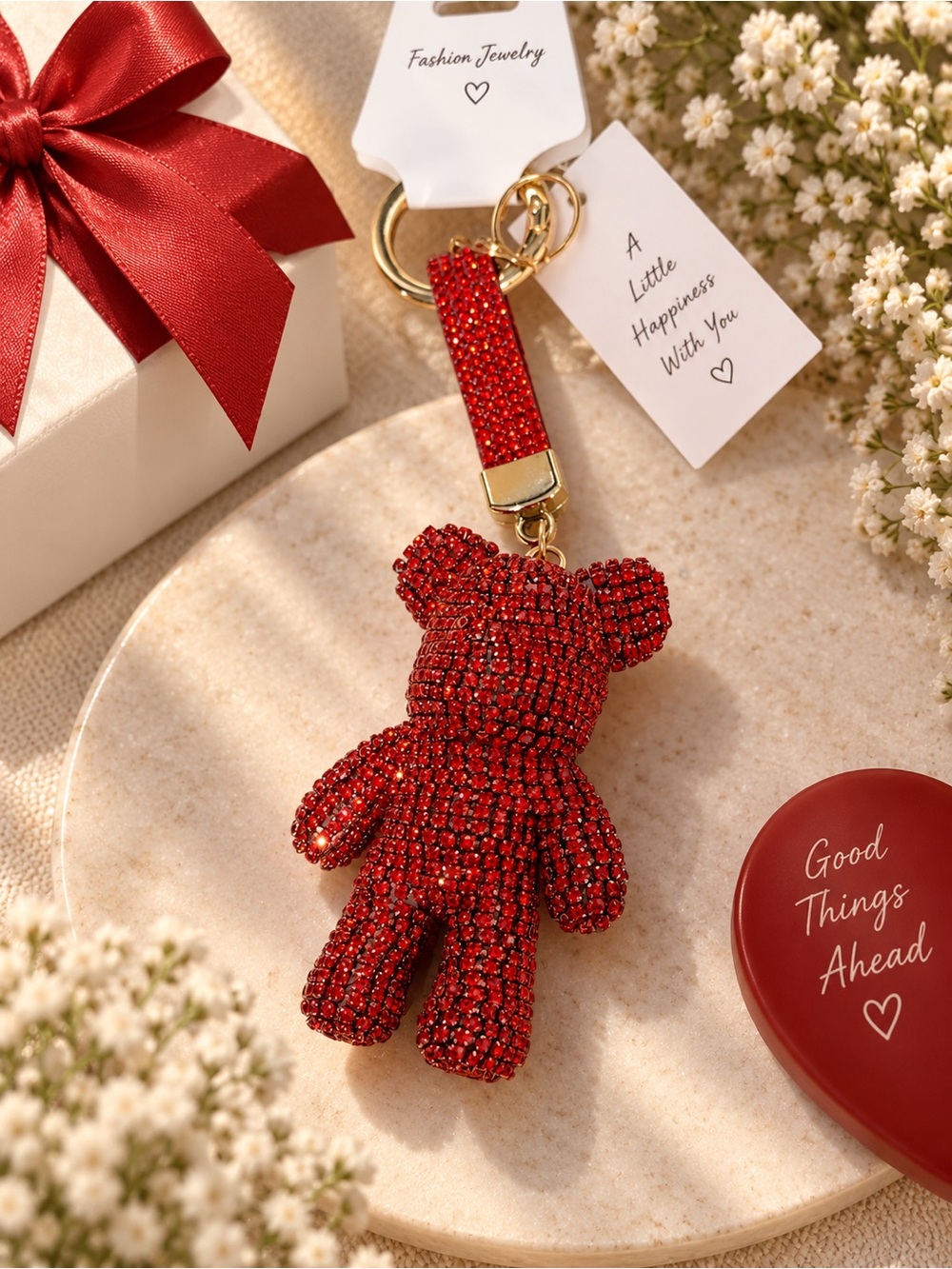 Red Crystal Teddy Bear Keychain Charm - Fashion Jewelry